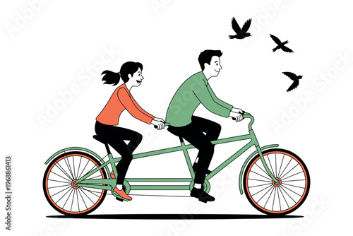 A happy couple riding a tandem bicycle together outdoors in a fun and carefree moment