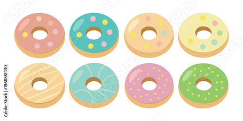 A lovely assortment of eight pastel donuts with sprinkles on white.