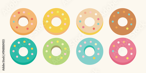 Eight charming pastel donuts with sprinkles on a light background rectangle.