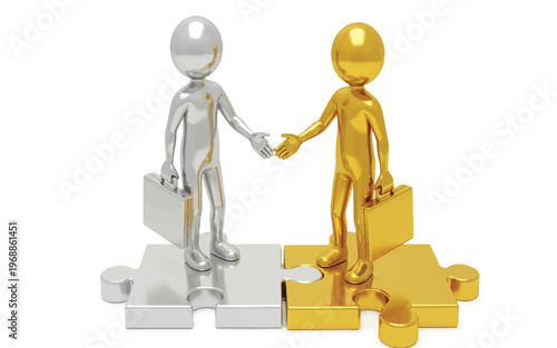Silver and gold humanoid figures shaking hands on puzzle pieces with briefcases business partnership