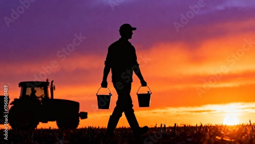 In a breathtaking twilight scene, a farmer carries two buckets as he walks across the field. A tractor stands silently in the background, silhouetted against vibrant hues of orange and purple sky.