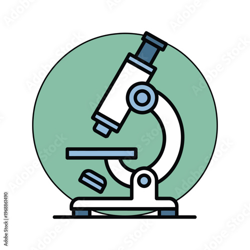 A cartoon-style illustration of a microscope on a green circle background
