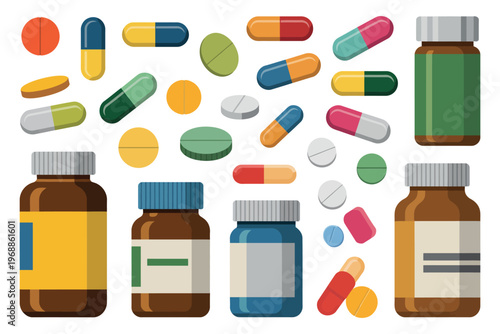 A collection of colorful pills and bottles on a white background for healthcare concepts