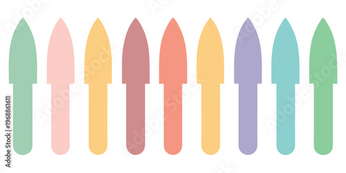 Nine distinct pastel colored manicure tools or sharp edged objects in a line.
