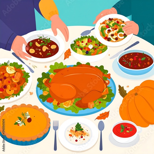Festive illustration showing a group sharing a bountiful feast with roasted fowl, various sides, and pumpkin on a white table