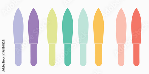 Nine pastel beauty tools resembling nail files on a light rectangular backdrop.