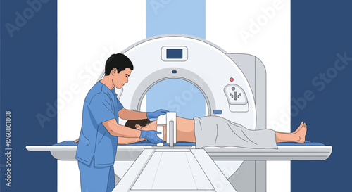 Medical Technician Assists Patient During CT Scan Procedure in Modern Radiology Department