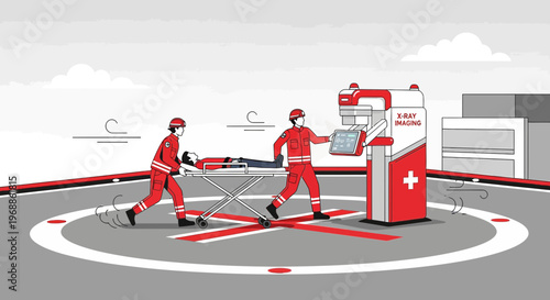 Medical Team Transporting Patient to X-Ray Machine on Helipad