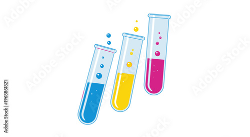 Colorful laboratory test tubes with blue yellow and pink liquids on white background for science and chemistry concepts