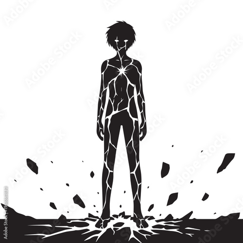Cracked, broken, shattered person, human body, vector illustration, black and white