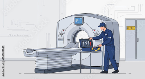 Medical Technician Inspecting CT Scanner with Tools