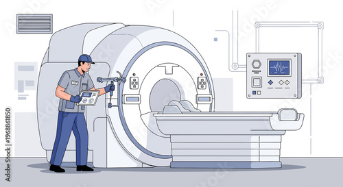 Medical Technician Inspecting MRI Machine for Patient Scan