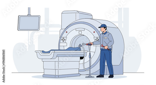 Medical Technician Inspecting MRI Machine with Patient Table Ready for Scan