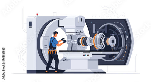 Medical Technician Inspecting Advanced Medical Imaging Machine