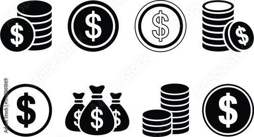 Various graphical representations of money and wealth symbols in black and white