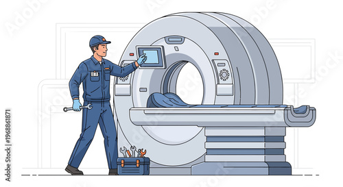 Medical Technician Inspecting CT Scanner Machine in Hospital Room