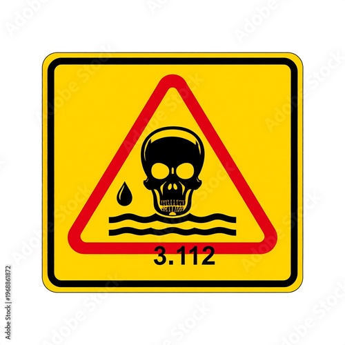 Yellow square sign red triangle encloses skull with dripping fluid over wavy lines & 