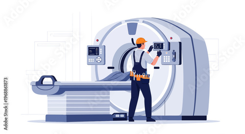 Medical Technician Inspecting CT Scanner Machine in Modern Hospital Room