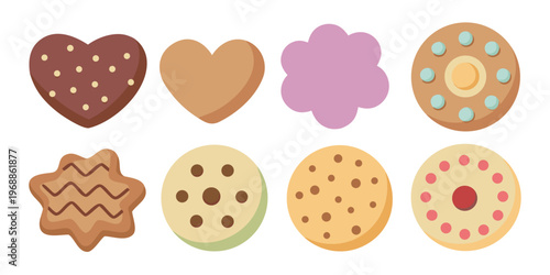 An appealing group of eight assorted flat design cookies with varied shapes.
