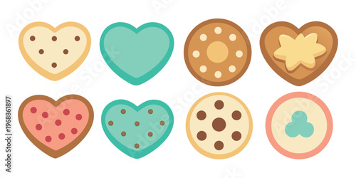 A diverse assortment of eight colorful flat style cookies and heart biscuits.
