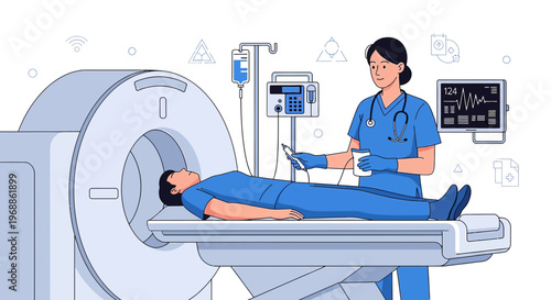 Medical Technician Monitors Patient During CT Scan Procedure in Modern Radiology Department