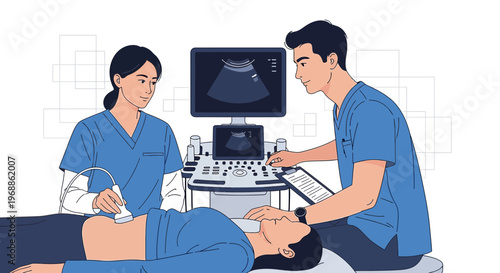 Medical Team Performing Ultrasound Examination on Patient in Clinic