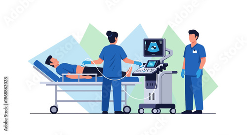 Medical Team Performing Ultrasound Examination on Patient Lying on Stretcher