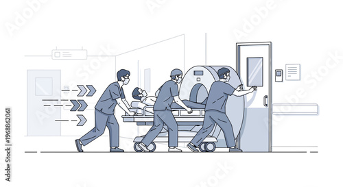 Medical Team Pushing Patient on Stretcher Towards MRI Scanner in Hospital