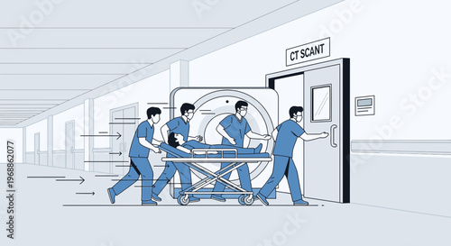 Medical Team Rushing Patient to CT Scan Room for Emergency Procedure