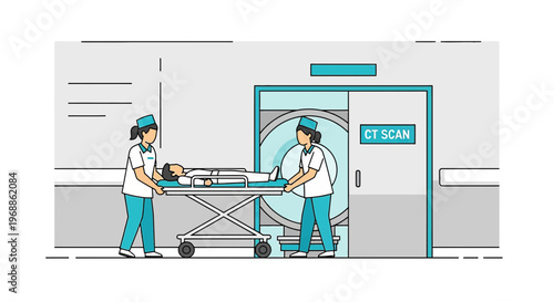 Medical Team Transporting Patient on Stretcher to CT Scan Room