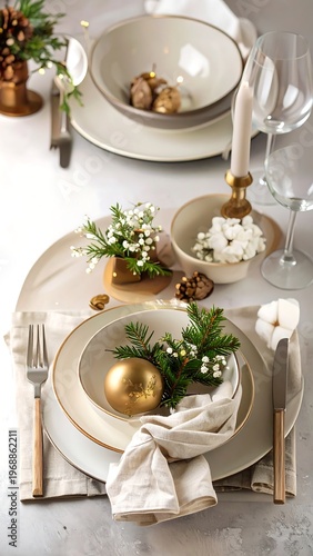 Festive tabletop setting with place settings, decorative elements, and seasonal accents. Plates, bowls, cutlery, and candles adorn the table
