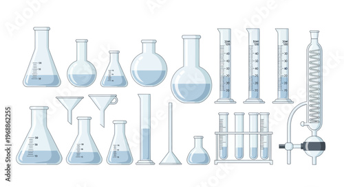 Laboratory glassware and equipment for science experiments and chemical analysis in a lab setting with various flasks and tubes