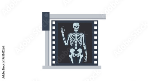 Skeleton waves hand in x ray film strip on white background medical illustration