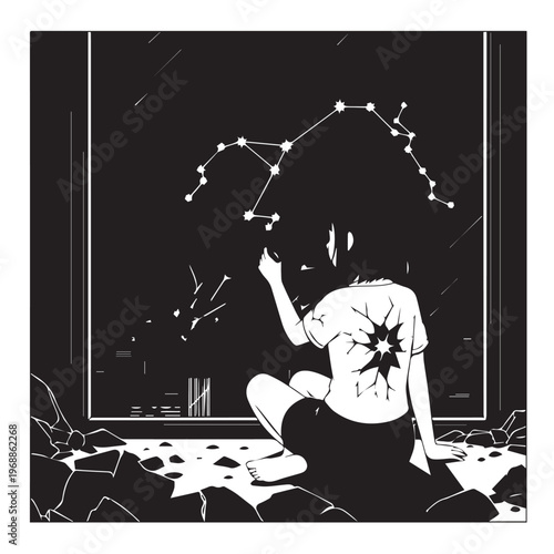 Black and white illustration, girl looking at stars, night sky, constellation, gothic style