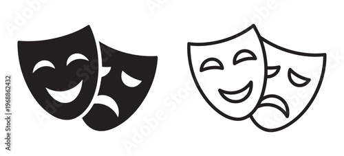 Theatrical masks vector icon set, theater theatre mask signs, masquerade mask, comedy and tragedy mask symbols, drama performance icons, flat illustration