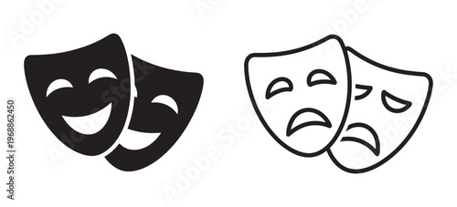 Theatrical masks vector icon set, theater theatre mask signs, masquerade mask, comedy and tragedy mask symbols, drama performance icons, flat illustration