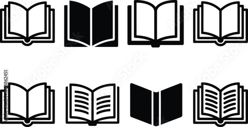 Collection of diverse open book icons in black and white