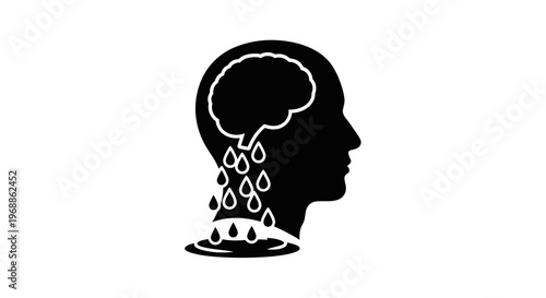 Conceptual Human Head Silhouette with Brain and Dripping Water Droplets Logo Illustrating Mental Health Awareness Depression Sadness Stress Psychology Therapy and Emotional Wellness Symbol