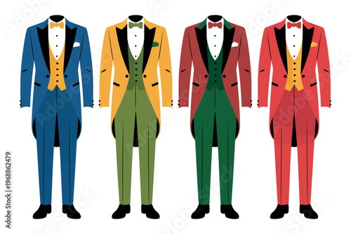 Four colorful tuxedos with different colored suits and vests on a white background