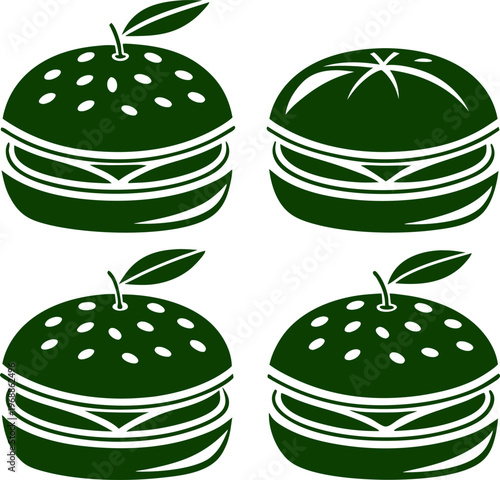 Four whimsical green apple-shaped burgers with leafy tops