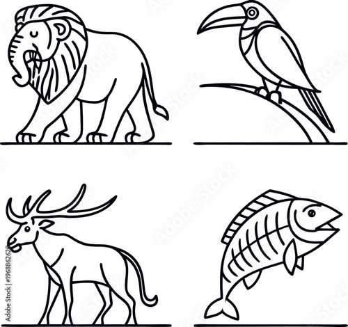 Ancient Egyptian Hieroglyphic Creatures and Symbols in Line Art