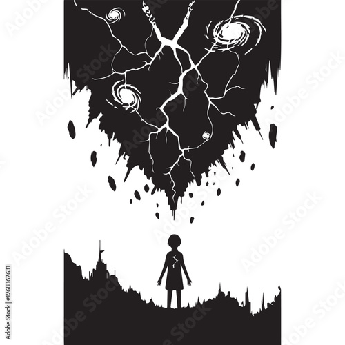 Dark fantasy illustration, eerie silhouette, cracked landscape, surreal scene