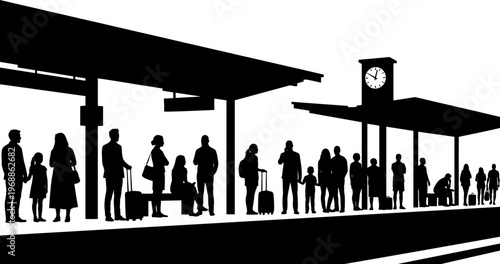 Passenger group with suitcase at train station silhouette