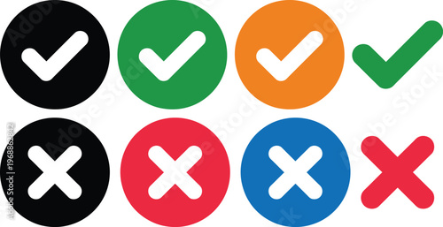 Colorful check and cross symbols for visual feedback and decision making