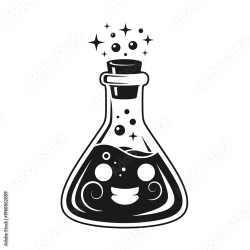 Black and white alchemy flask icon.
