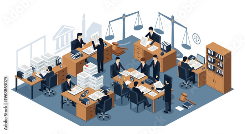 Lawyers working in a busy law office with scales of justice.