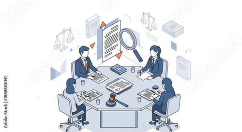 Business meeting with legal documents and magnifying glass illustration.