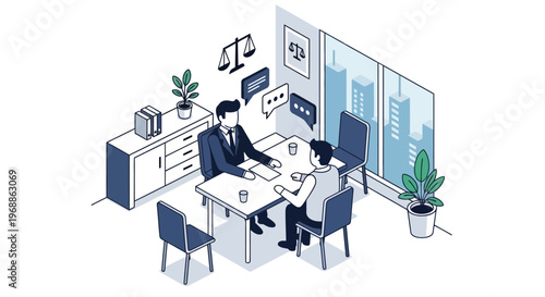 Lawyer and client discussing legal matters in office meeting.