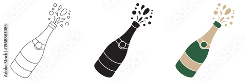 Champagne bottle icon, cork bursting away, trendy vector illustration, celebration success achievement, holiday party symbol, festive design, flat style