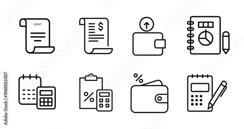 Debit bill and financial planning outline icon set featuring invoice payment, digital wallet, money calculation, and tax percentage document vector illustration on editable stroke